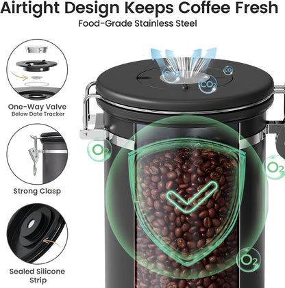 Coffee Canister with Window,Airtight Stainless Steel Pantry Container,Kitchen Food Storage Organizers for Beans,Ground,Espresso,Rice,Tea,Sugar, Cereal, Bar Accessories,Gifts,Lids,Jars,22OZ,Black