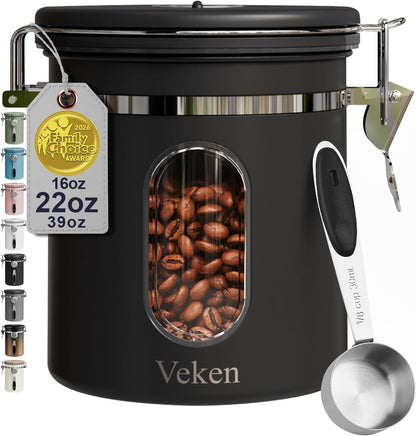 Coffee Canister with Window,Airtight Stainless Steel Pantry Container,Kitchen Food Storage Organizers for Beans,Ground,Espresso,Rice,Tea,Sugar, Cereal, Bar Accessories,Gifts,Lids,Jars,22OZ,Black