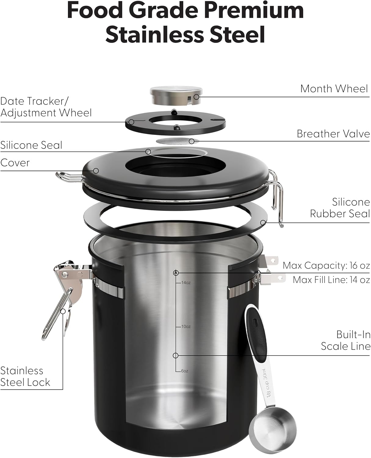 Coffee Canister with Window,Airtight Stainless Steel Pantry Container,Kitchen Food Storage Organizers for Beans,Ground,Espresso,Rice,Tea,Sugar, Cereal, Bar Accessories,Gifts,Lids,Jars,22OZ,Black