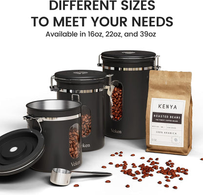 Coffee Canister with Window,Airtight Stainless Steel Pantry Container,Kitchen Food Storage Organizers for Beans,Ground,Espresso,Rice,Tea,Sugar, Cereal, Bar Accessories,Gifts,Lids,Jars,22OZ,Black