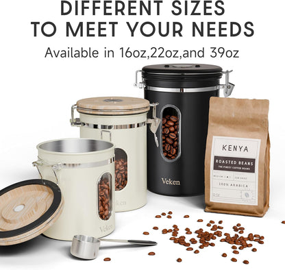 Coffee Canister with Window,Airtight Stainless Steel Pantry Container,Kitchen Food Storage Organizers for Beans,Ground,Espresso,Rice,Tea,Sugar, Cereal, Bar Accessories,Gifts,Lids,Jars,22OZ,Black