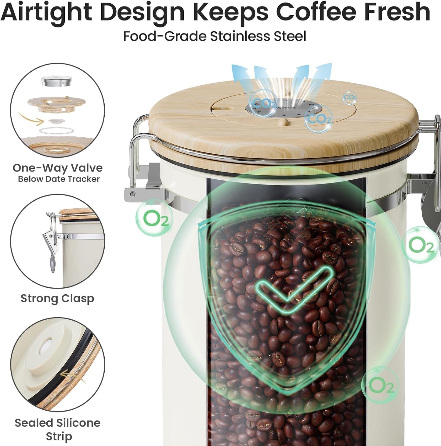 Coffee Canister with Window,Airtight Stainless Steel Pantry Container,Kitchen Food Storage Organizers for Beans,Ground,Espresso,Rice,Tea,Sugar, Cereal, Bar Accessories,Gifts,Lids,Jars,22OZ,Black
