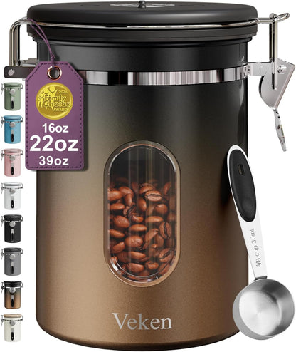 Coffee Canister with Window,Airtight Stainless Steel Pantry Container,Kitchen Food Storage Organizers for Beans,Ground,Espresso,Rice,Tea,Sugar, Cereal, Bar Accessories,Gifts,Lids,Jars,22OZ,Black