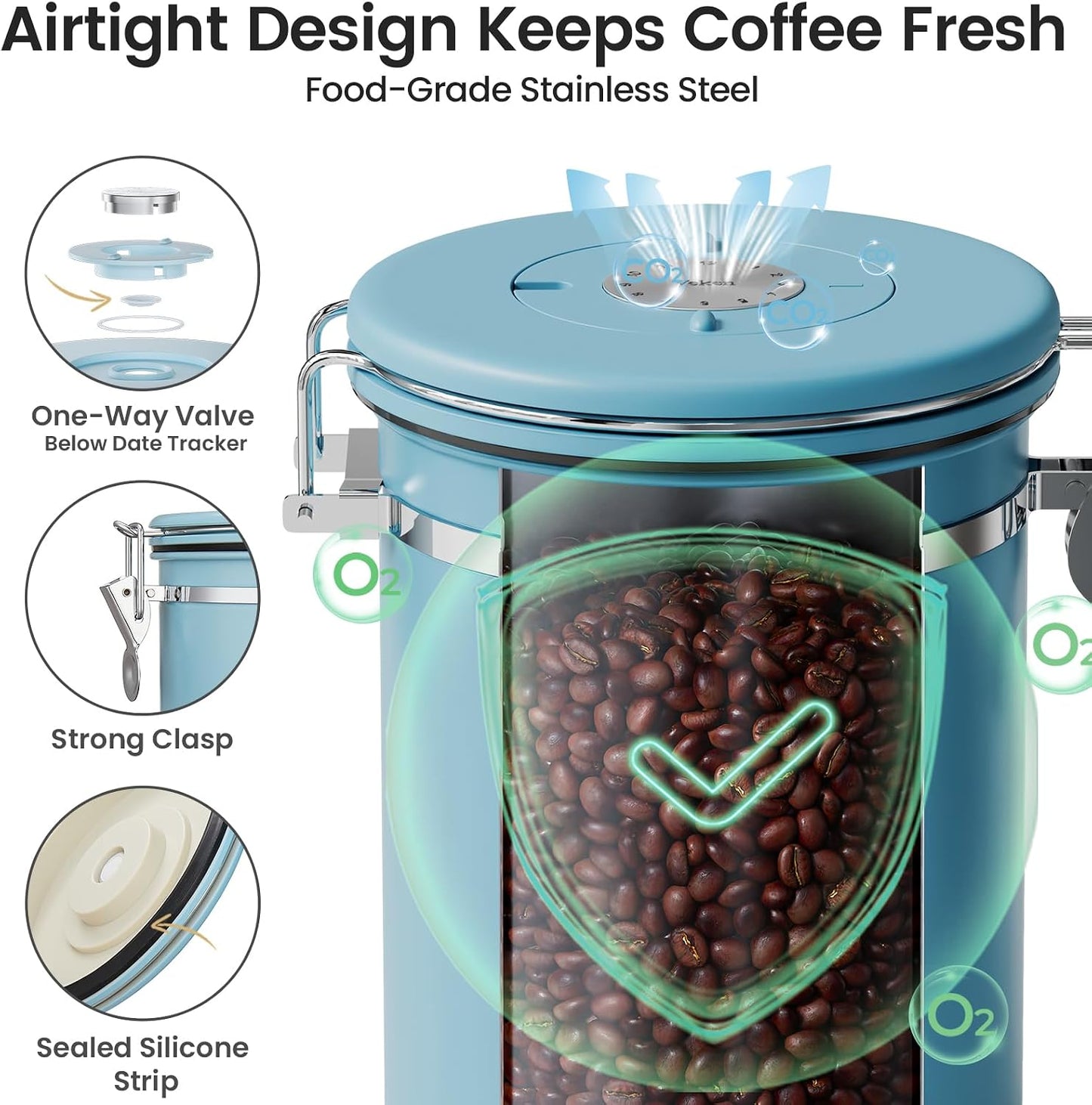 Coffee Canister with Window,Airtight Stainless Steel Pantry Container,Kitchen Food Storage Organizers for Beans,Ground,Espresso,Rice,Tea,Sugar, Cereal, Bar Accessories,Gifts,Lids,Jars,22OZ,Black