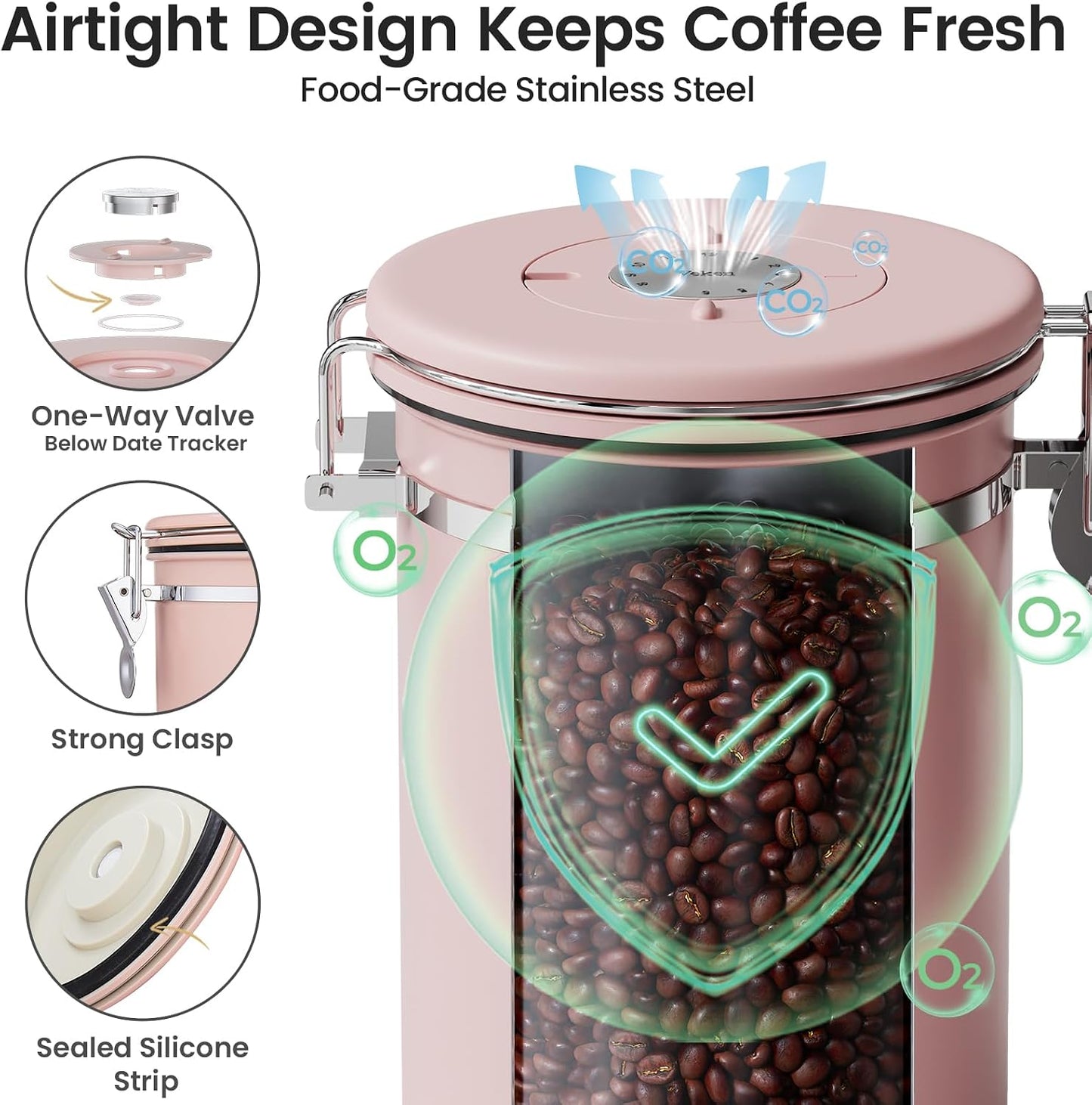 Coffee Canister with Window,Airtight Stainless Steel Pantry Container,Kitchen Food Storage Organizers for Beans,Ground,Espresso,Rice,Tea,Sugar, Cereal, Bar Accessories,Gifts,Lids,Jars,22OZ,Black
