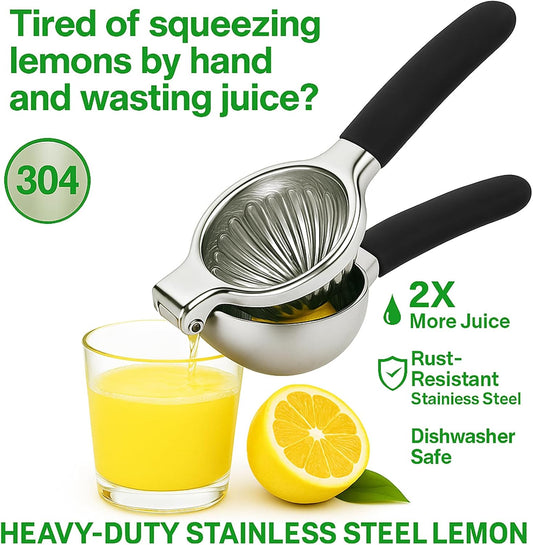 Lemon Squeezer, Stainless Steel Lemon Juicer & Lime Squeezer, Manual Citrus Juicer with Non-Slip Silicone Handles, Easy to Use & Clean