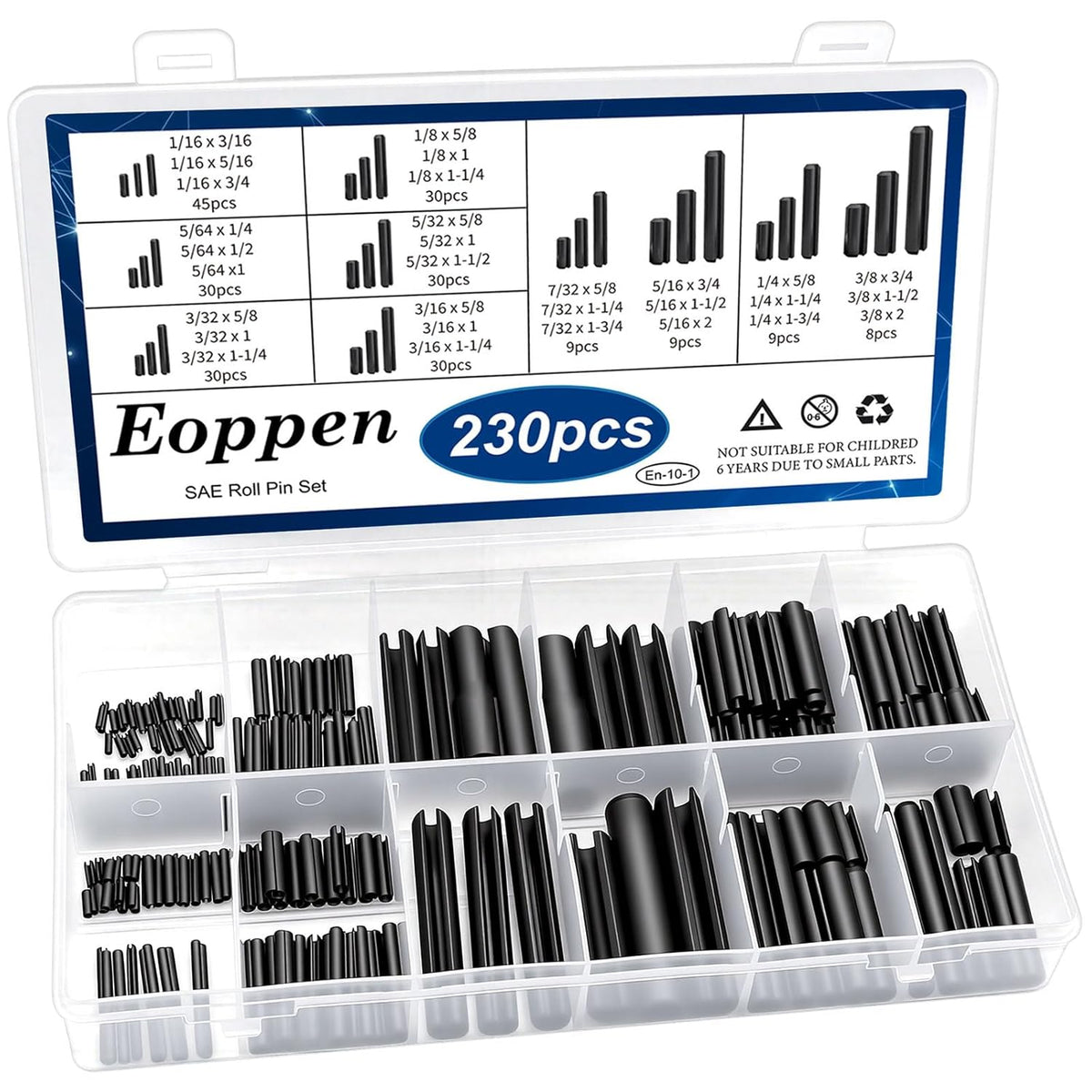 SAE Roll Pin Assortment Set - Slotted Spring Pins Steel Split Expansion Pin 10 Sizes 1/16 5/64 3/32 1/8 5/32 3/16 7/32 1/4 5/16 3/8 Inch for Home Improvement Automotive Repair