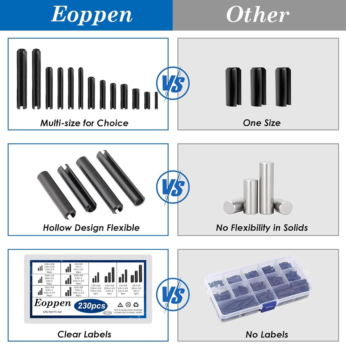 SAE Roll Pin Assortment Set - Slotted Spring Pins Steel Split Expansion Pin 10 Sizes 1/16 5/64 3/32 1/8 5/32 3/16 7/32 1/4 5/16 3/8 Inch for Home Improvement Automotive Repair