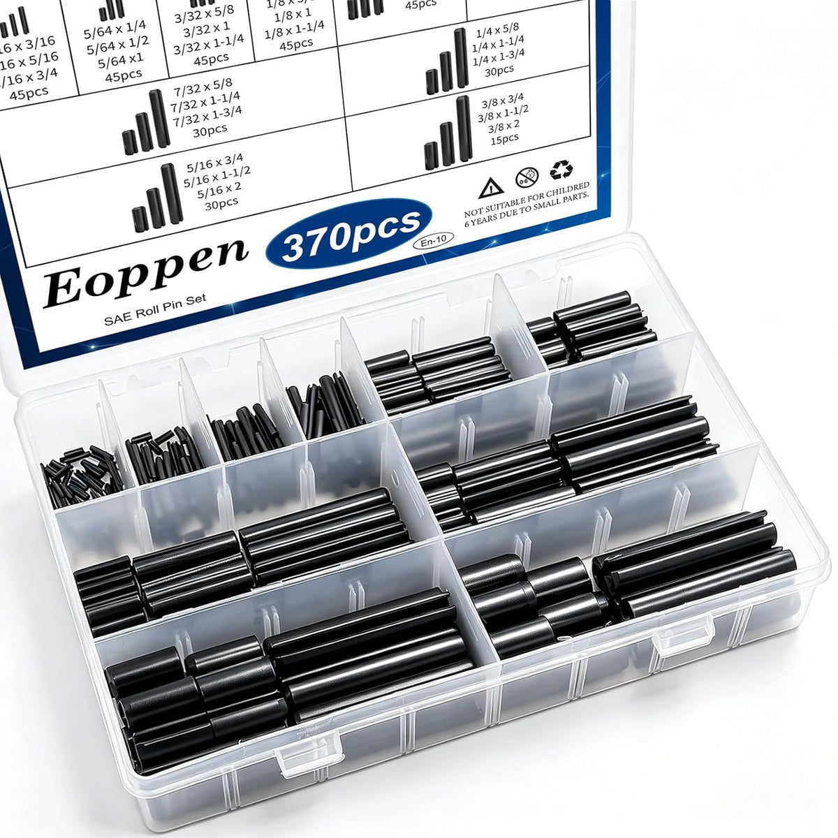 SAE Roll Pin Assortment Set - Slotted Spring Pins Steel Split Expansion Pin 10 Sizes 1/16 5/64 3/32 1/8 5/32 3/16 7/32 1/4 5/16 3/8 Inch for Home Improvement Automotive Repair