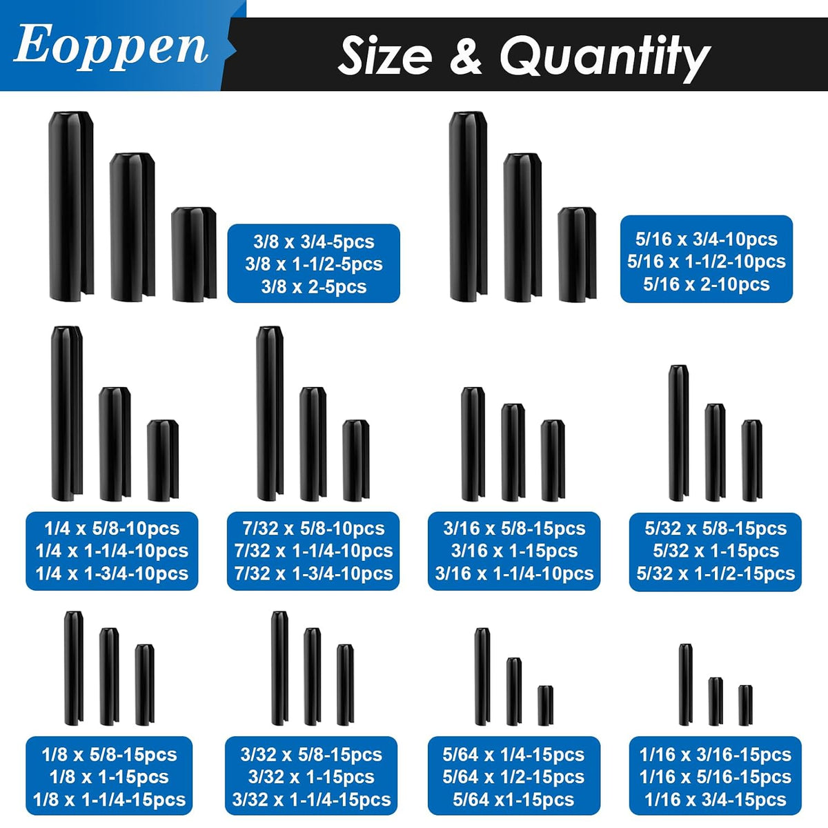 SAE Roll Pin Assortment Set - Slotted Spring Pins Steel Split Expansion Pin 10 Sizes 1/16 5/64 3/32 1/8 5/32 3/16 7/32 1/4 5/16 3/8 Inch for Home Improvement Automotive Repair