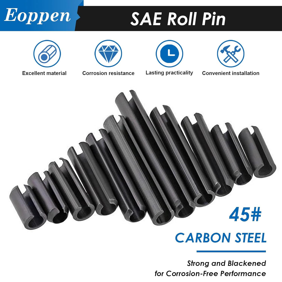 SAE Roll Pin Assortment Set - Slotted Spring Pins Steel Split Expansion Pin 10 Sizes 1/16 5/64 3/32 1/8 5/32 3/16 7/32 1/4 5/16 3/8 Inch for Home Improvement Automotive Repair