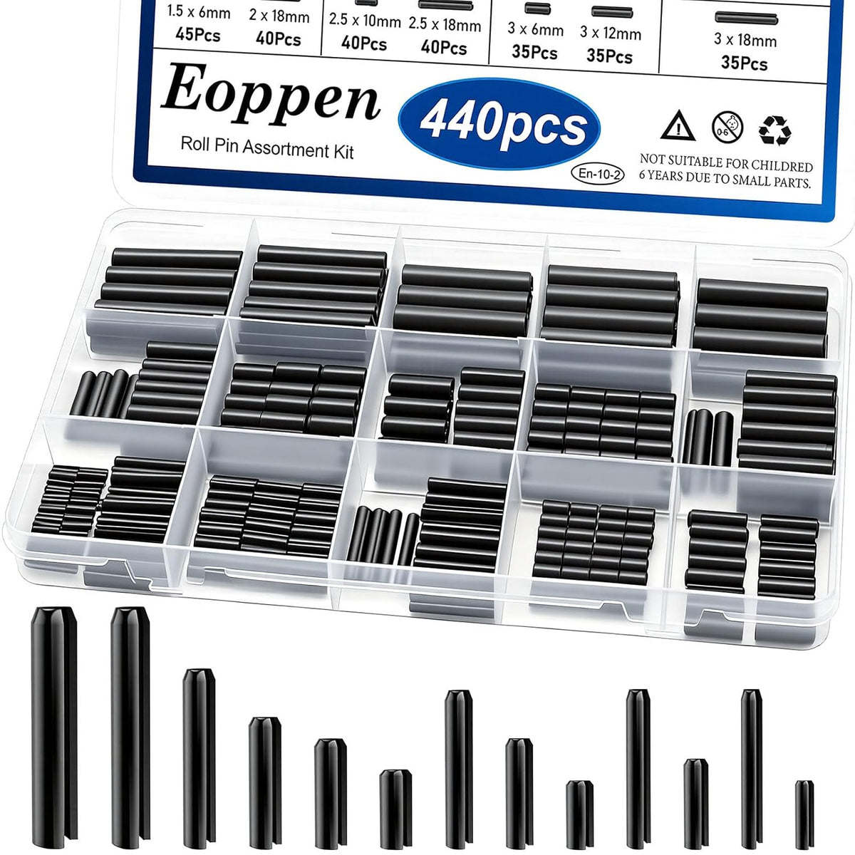 SAE Roll Pin Assortment Set - Slotted Spring Pins Steel Split Expansion Pin 10 Sizes 1/16 5/64 3/32 1/8 5/32 3/16 7/32 1/4 5/16 3/8 Inch for Home Improvement Automotive Repair