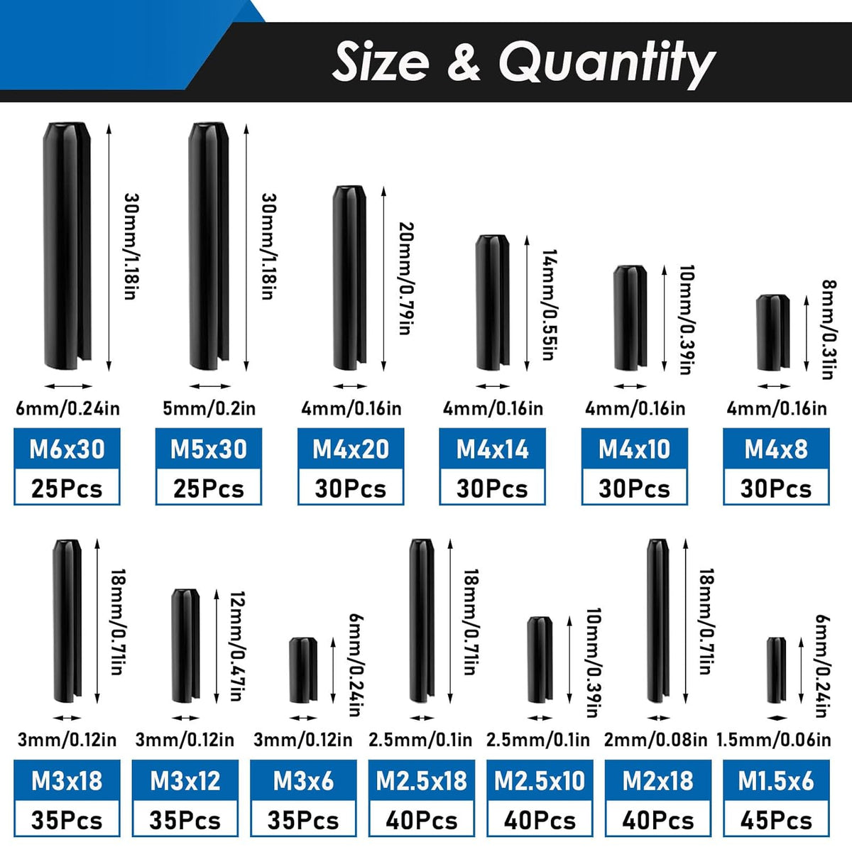 SAE Roll Pin Assortment Set - Slotted Spring Pins Steel Split Expansion Pin 10 Sizes 1/16 5/64 3/32 1/8 5/32 3/16 7/32 1/4 5/16 3/8 Inch for Home Improvement Automotive Repair