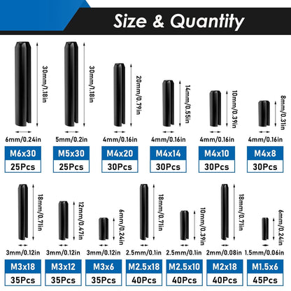 SAE Roll Pin Assortment Set - Slotted Spring Pins Steel Split Expansion Pin 10 Sizes 1/16 5/64 3/32 1/8 5/32 3/16 7/32 1/4 5/16 3/8 Inch for Home Improvement Automotive Repair