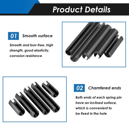 SAE Roll Pin Assortment Set - Slotted Spring Pins Steel Split Expansion Pin 10 Sizes 1/16 5/64 3/32 1/8 5/32 3/16 7/32 1/4 5/16 3/8 Inch for Home Improvement Automotive Repair