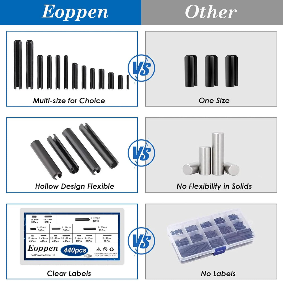 SAE Roll Pin Assortment Set - Slotted Spring Pins Steel Split Expansion Pin 10 Sizes 1/16 5/64 3/32 1/8 5/32 3/16 7/32 1/4 5/16 3/8 Inch for Home Improvement Automotive Repair