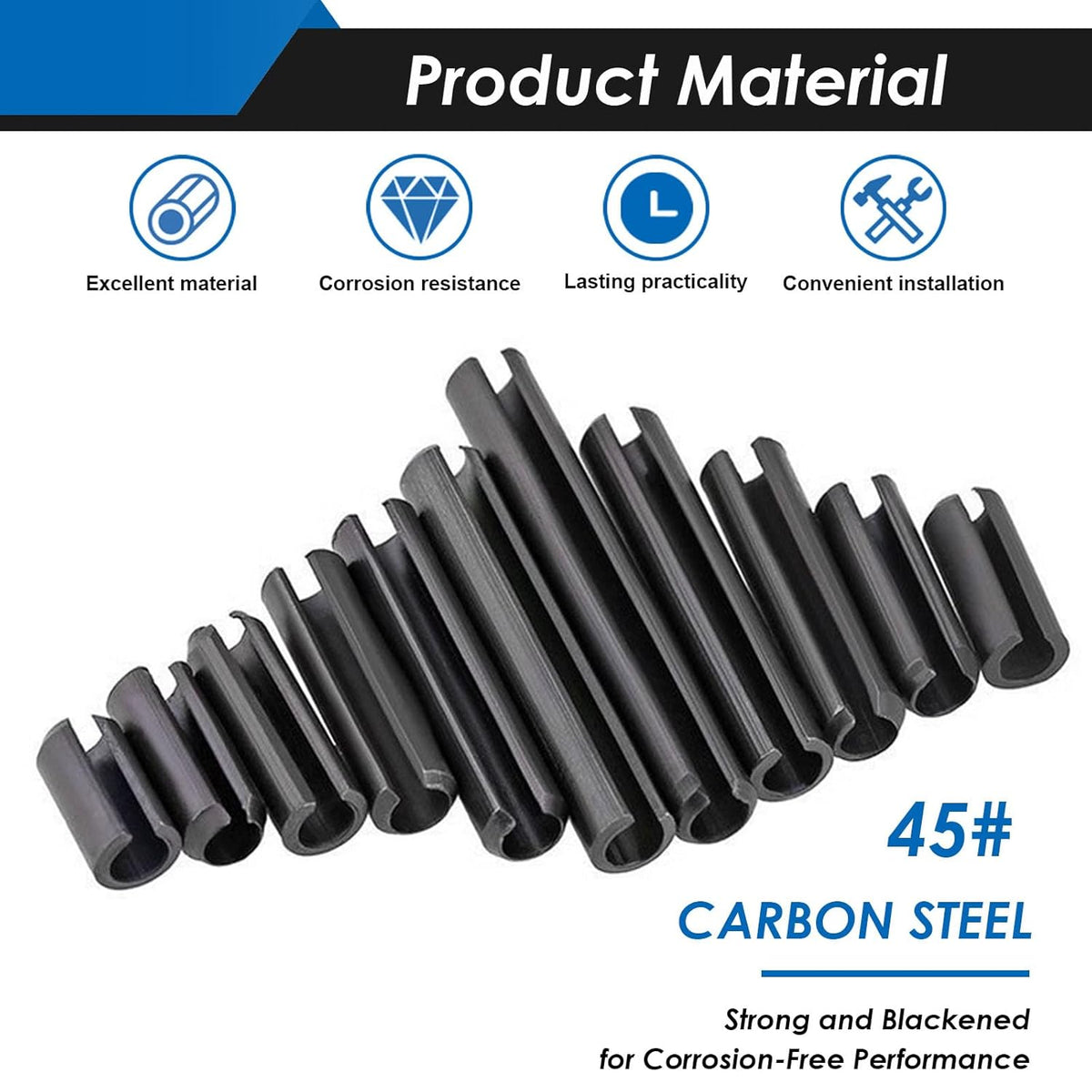 SAE Roll Pin Assortment Set - Slotted Spring Pins Steel Split Expansion Pin 10 Sizes 1/16 5/64 3/32 1/8 5/32 3/16 7/32 1/4 5/16 3/8 Inch for Home Improvement Automotive Repair
