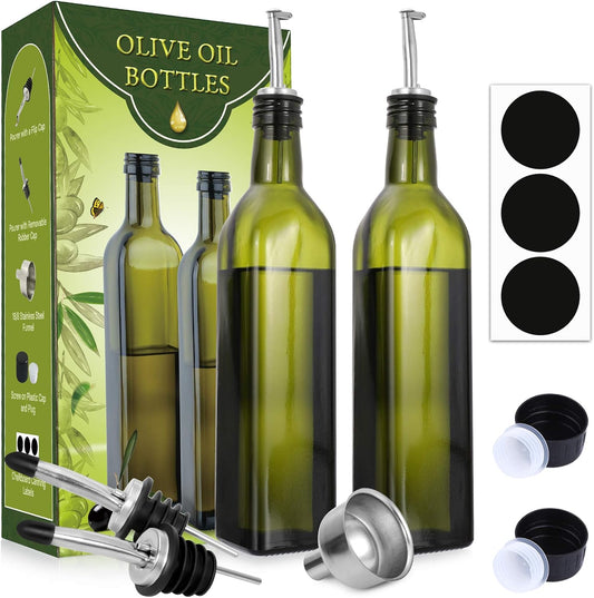 [2 PACK 17 oz Glass Olive Oil Dispenser Bottle Set - 500ml Dark Green Oil & Vinegar Cruet Bottle with Pourers, Funnel and Labels - Olive Oil Carafe Decanter for Kitchen