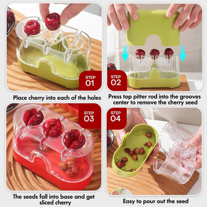 2-in-1 Cherry Pitter & Half Slicer, 3-Hole Cherry Remover with Container