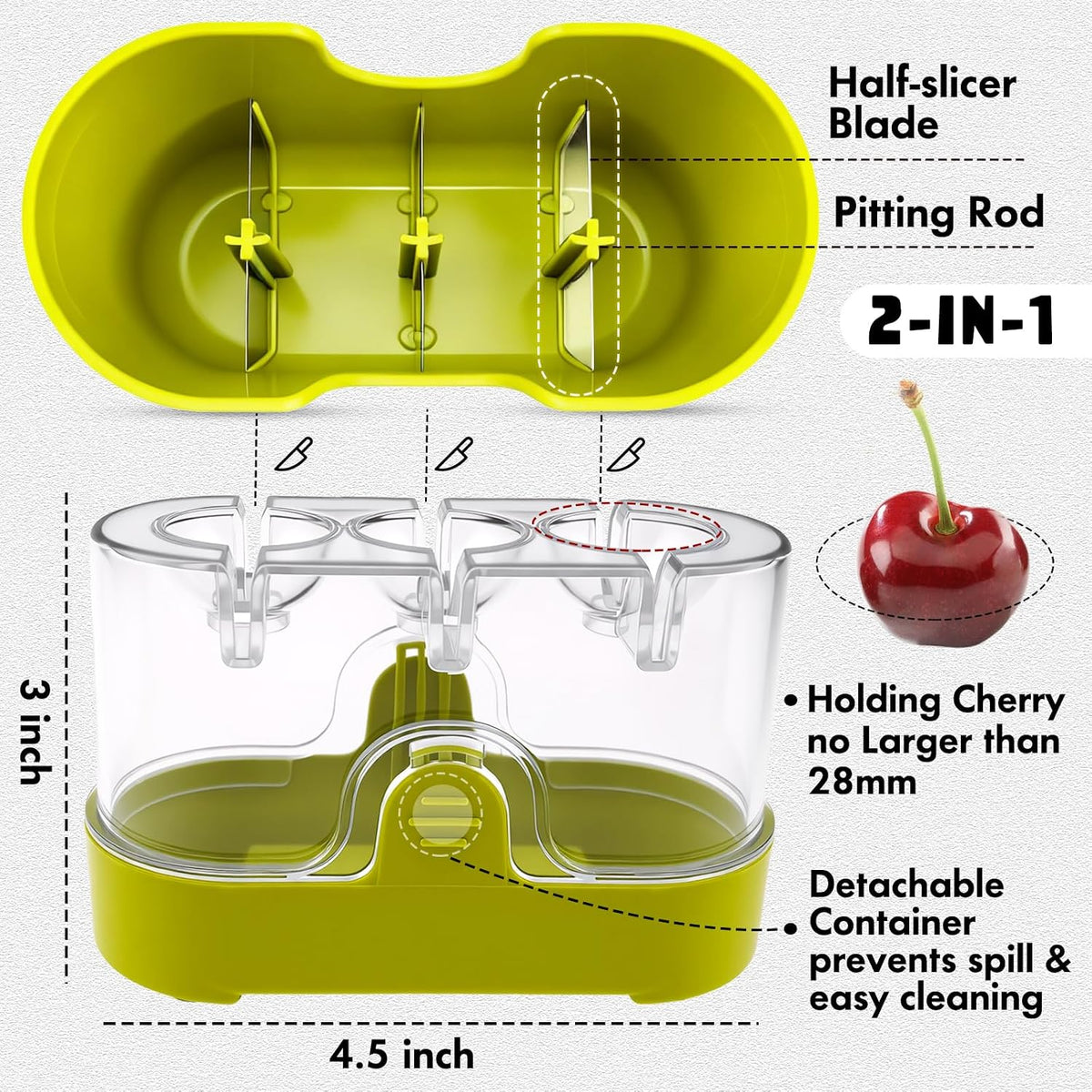 2-in-1 Cherry Pitter & Half Slicer, 3-Hole Cherry Remover with Container