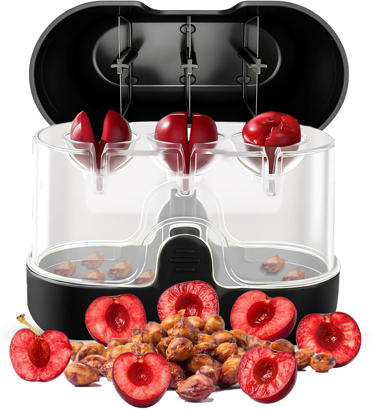 2-in-1 Cherry Pitter & Half Slicer, 3-Hole Cherry Remover with Container