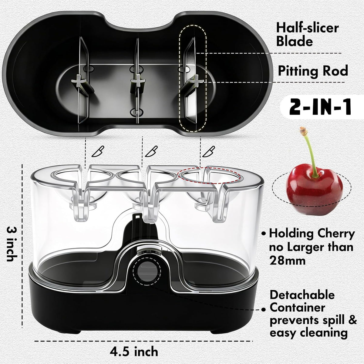 2-in-1 Cherry Pitter & Half Slicer, 3-Hole Cherry Remover with Container