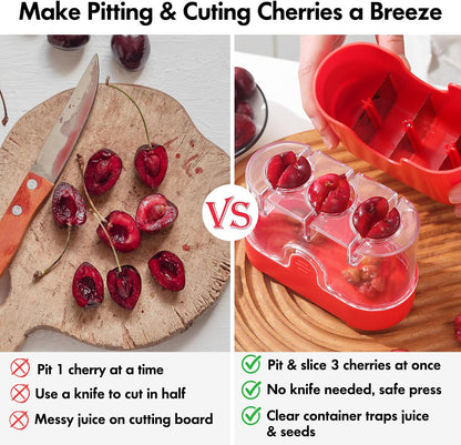 2-in-1 Cherry Pitter & Half Slicer, 3-Hole Cherry Remover with Container