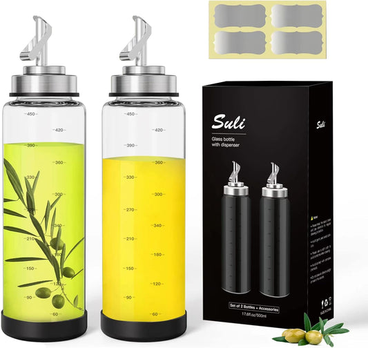 Glass Olive Oil Dispenser Bottle -2 Pack17oz Oil and Vinegar Cruet Set with Steel Spouts and Labels for Kitchen Cooking, Salad Dressing, and BBQ (Silver)