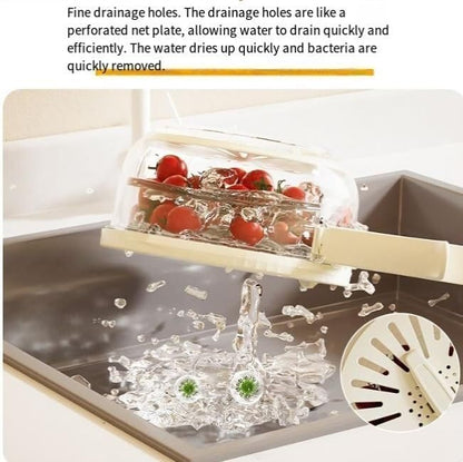 Quick Drain Fruit and Vegetable Washer Bowl with Lid, Clear Glass Container, White Perforated Cover