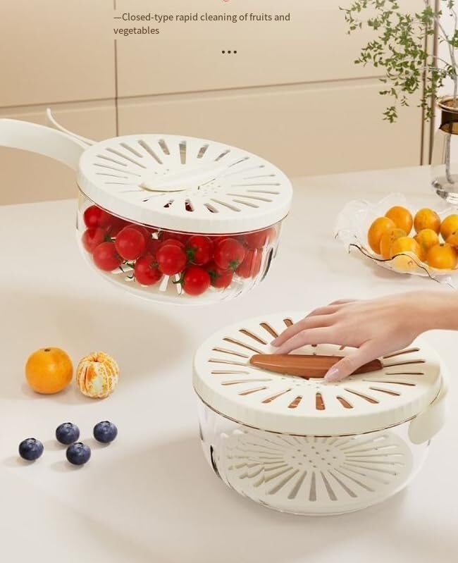 Quick Drain Fruit and Vegetable Washer Bowl with Lid, Clear Glass Container, White Perforated Cover