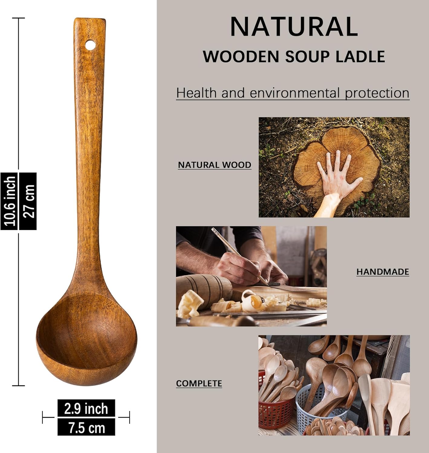 Wooden Soup Ladle for Cooking, 10.8 Inch, 3 oz, Hardwood | Deep bowl serves soups, stews, sauces and gravies; long handle offers comfortable reach and is gentle on nonstick cookware.