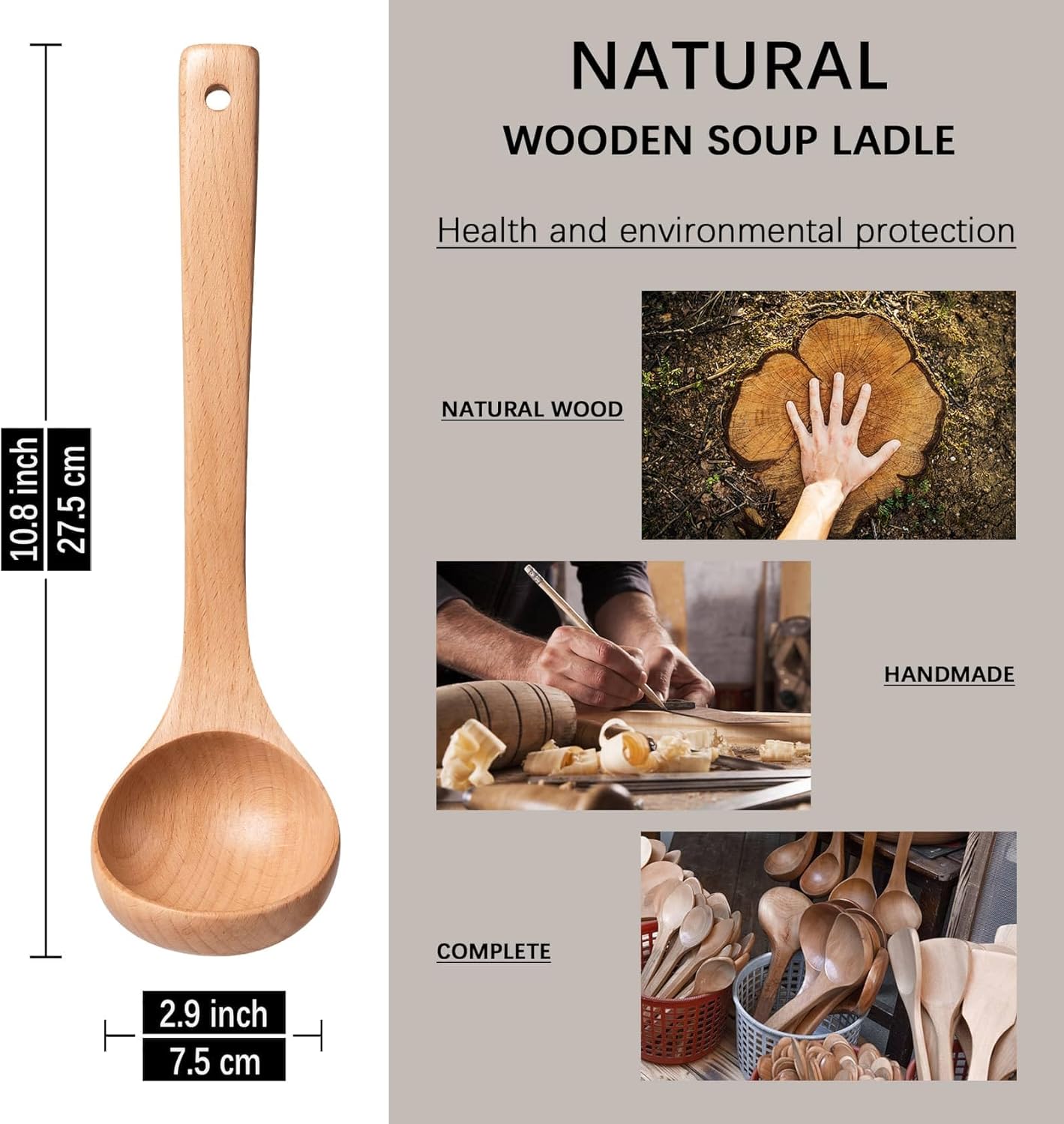 Wooden Soup Ladle for Cooking, 10.8 Inch, 3 oz, Hardwood | Deep bowl serves soups, stews, sauces and gravies; long handle offers comfortable reach and is gentle on nonstick cookware.