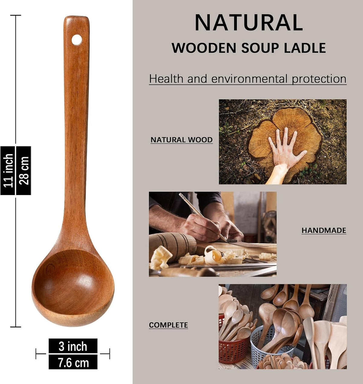 Wooden Soup Ladle for Cooking, 10.8 Inch, 3 oz, Hardwood | Deep bowl serves soups, stews, sauces and gravies; long handle offers comfortable reach and is gentle on nonstick cookware.