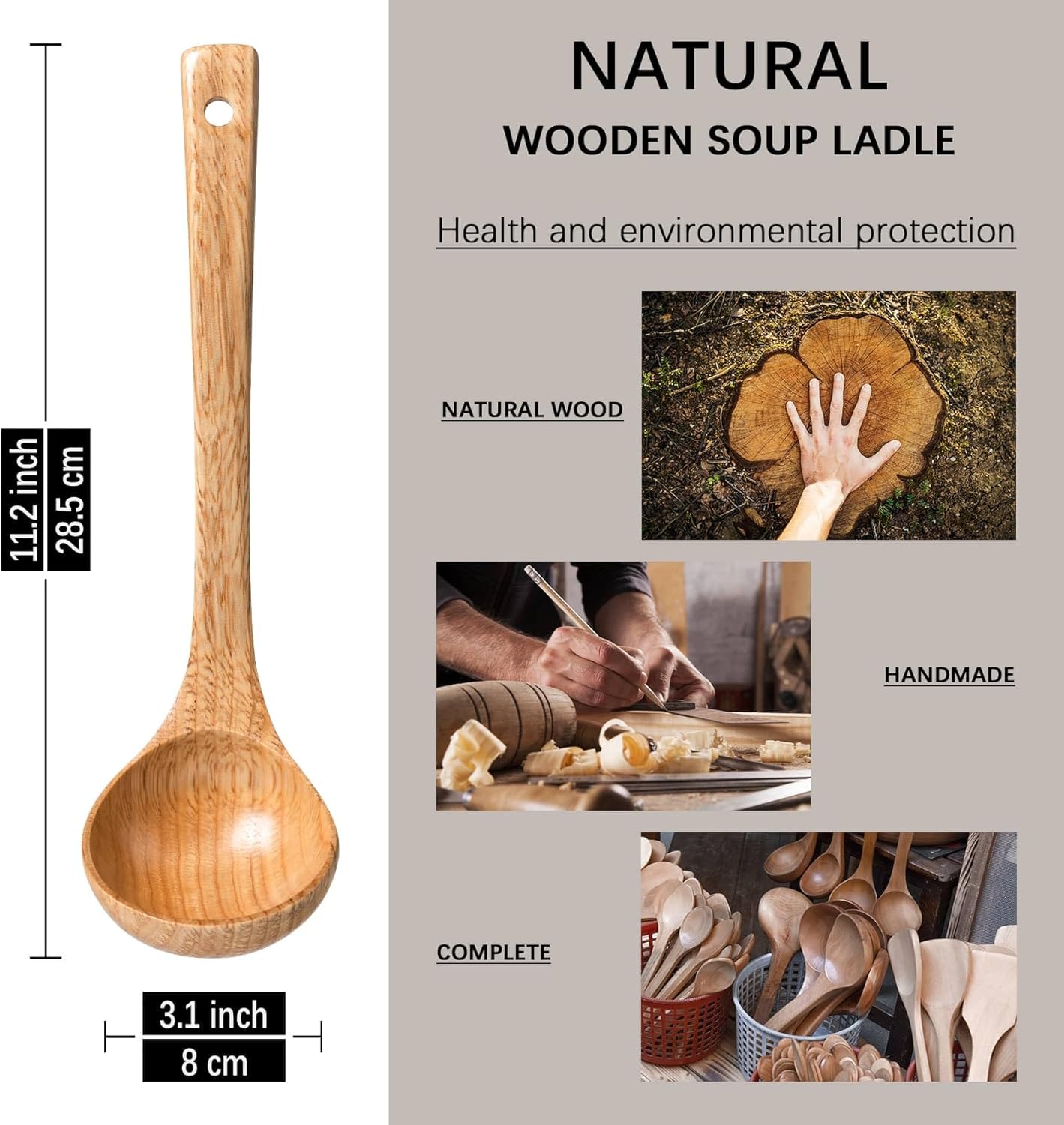 Wooden Soup Ladle for Cooking, 10.8 Inch, 3 oz, Hardwood | Deep bowl serves soups, stews, sauces and gravies; long handle offers comfortable reach and is gentle on nonstick cookware.