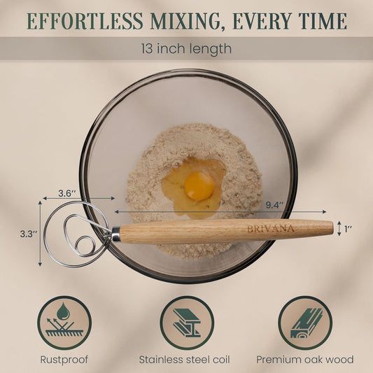 Danish Dough Whisk for Sourdough Bread, 13-Inch Bread Whisk with Wooden Handle, Stainless Steel Single Loop Dough Mixer and Sourdough Whisk for Bread Making, Pizza Dough, Batter and Pastry