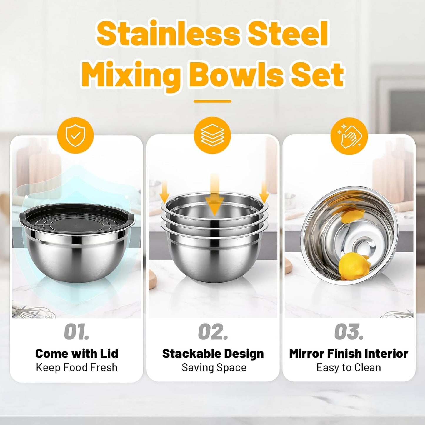 Mixing Bowls with Lids, 3 Pack 3.4 QT Kitchen Stainless Steel Mixing Bowls with Airtight Lids, Metal Nesting Set for Baking, Prepping, Serving, Salad and Food Storage