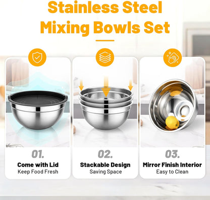 Mixing Bowls with Lids, 3 Pack 3.4 QT Kitchen Stainless Steel Mixing Bowls with Airtight Lids, Metal Nesting Set for Baking, Prepping, Serving, Salad and Food Storage