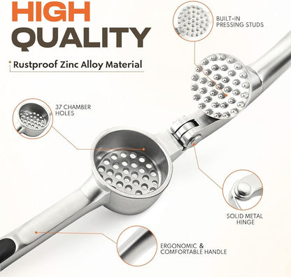 Kitchen Garlic Press, Rust Proof & Dishwasher Safe Garlic Mincer, Durable Garlic Crusher Set with Peeler＆Brush, Easy to Clean and Squeeze, Matte