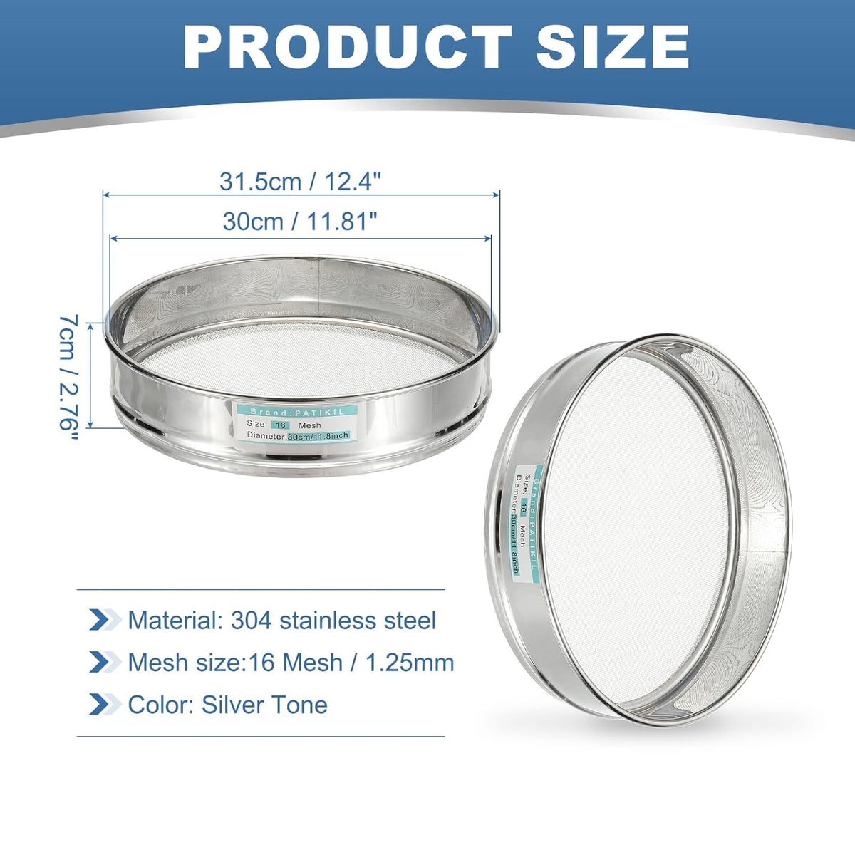 20 Mesh(0.9mm) Lab Sieve, 11.8"(30cm) Diameter Sifting Screen 304 Stainless Steel Wire Cloth Fine Mesh Sieve for Industrial Laboratory Home Soil Sifter Dry Sift Screens Hash
