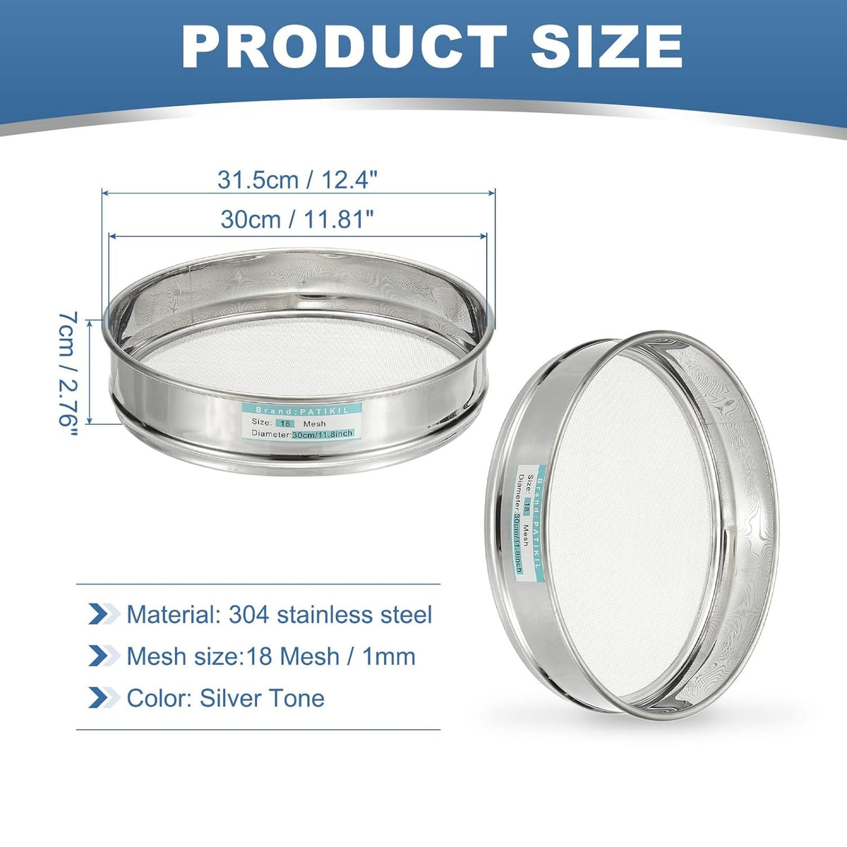 20 Mesh(0.9mm) Lab Sieve, 11.8"(30cm) Diameter Sifting Screen 304 Stainless Steel Wire Cloth Fine Mesh Sieve for Industrial Laboratory Home Soil Sifter Dry Sift Screens Hash