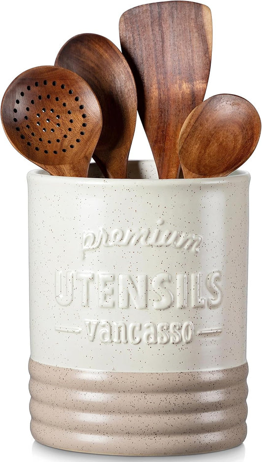 Sabine Ceramic Utensil Holder for Kitchen Counter, 7.2" Large Utensil Crock, Matte Cream Farmhouse Kitchen Utensil Holder, Countertop Organizer for Spoons, Spatulas and Cooking Tools