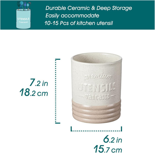 Sabine Ceramic Utensil Holder for Kitchen Counter, 7.2" Large Utensil Crock, Matte Cream Farmhouse Kitchen Utensil Holder, Countertop Organizer for Spoons, Spatulas and Cooking Tools