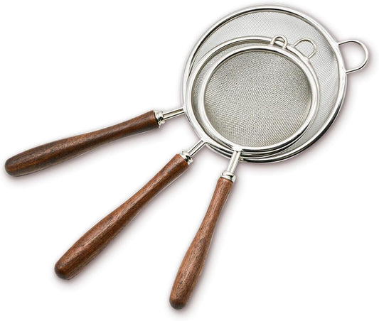3 Set Mesh Strainer for Kitchen, Colander Skimmer 304 Stainless Steel with Wooden Handle, Sieve Sifters for Food, Tea, Rice, Oil, Noodles, Fruits, Vegetable
