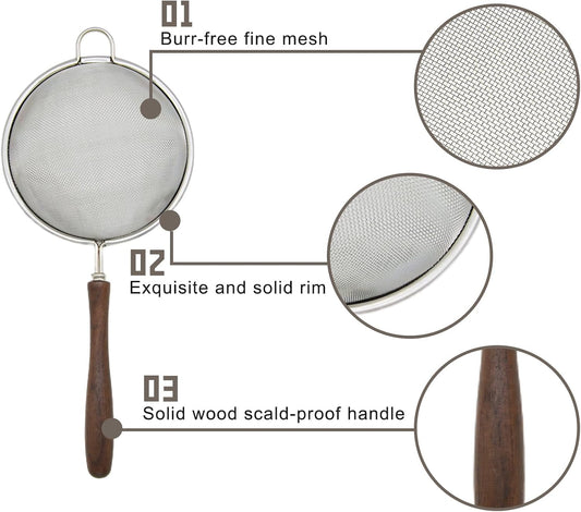 3 Set Mesh Strainer for Kitchen, Colander Skimmer 304 Stainless Steel with Wooden Handle, Sieve Sifters for Food, Tea, Rice, Oil, Noodles, Fruits, Vegetable