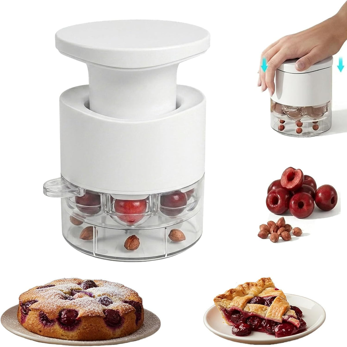 Cherry Pitter Tool, Multi Cherry Seed Remover Pits 7 Cherries at Once, Food-Grade Cherry Core Remover with Splash Guard Container, for Making Jam, Pie, Cake (White)