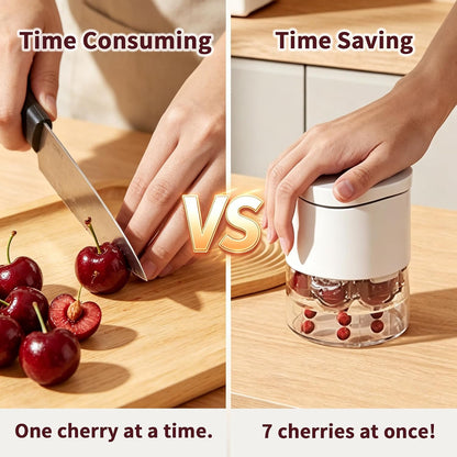 Cherry Pitter Tool, Multi Cherry Seed Remover Pits 7 Cherries at Once, Food-Grade Cherry Core Remover with Splash Guard Container, for Making Jam, Pie, Cake (White)