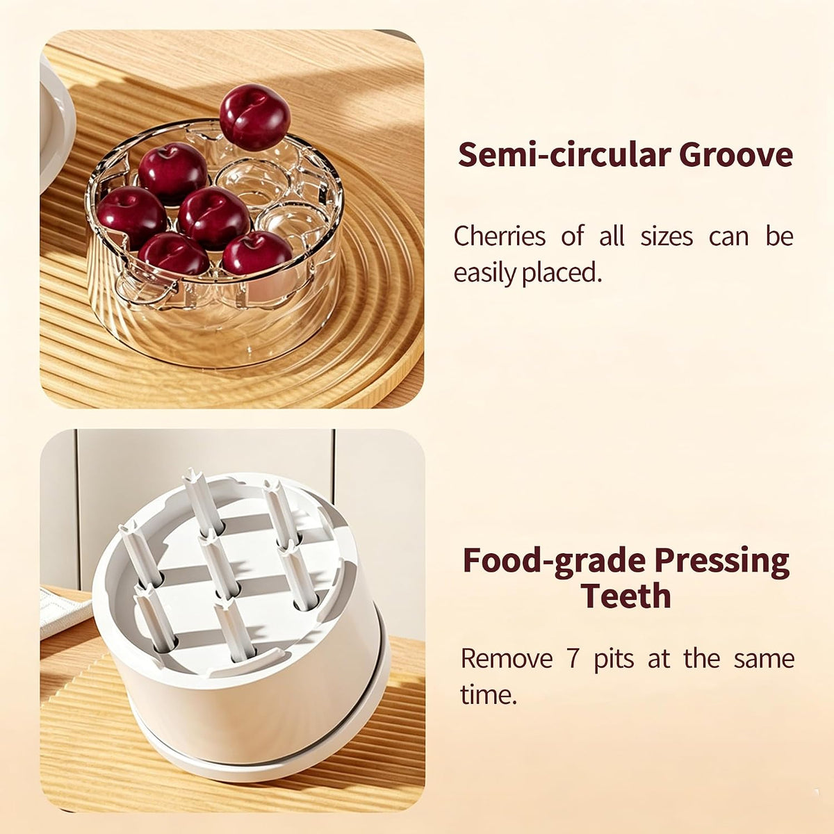 Cherry Pitter Tool, Multi Cherry Seed Remover Pits 7 Cherries at Once, Food-Grade Cherry Core Remover with Splash Guard Container, for Making Jam, Pie, Cake (White)