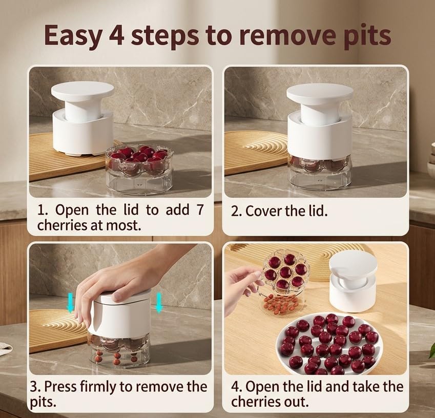 Cherry Pitter Tool, Multi Cherry Seed Remover Pits 7 Cherries at Once, Food-Grade Cherry Core Remover with Splash Guard Container, for Making Jam, Pie, Cake (White)