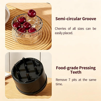 Cherry Pitter Tool, Multi Cherry Seed Remover Pits 7 Cherries at Once, Food-Grade Cherry Core Remover with Splash Guard Container, for Making Jam, Pie, Cake (White)