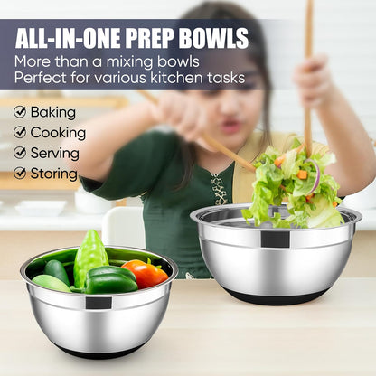 Stainless Steel Mixing Bowls with Lids Set, 5-Piece Nesting Salad Bowls with 3 Grater Attachments and Non-Slip Bottoms, Size 4.6, 2.6, 2, 1.5, 1QT for Kitchen (Khaki)